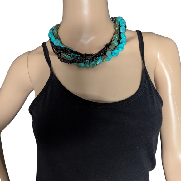 Turquoise Necklace Choker Multi Strand Boho Beaded Tribal Collar - Picture 5 of 8